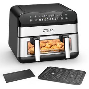 Oyajia Heißluftfritteuse Airfryer XXL ohne ÖL Fritteuse Easy Fry & Grill Doppelkammer 9L 10L, 2600,00 W, mit Sichtfenster, digitales Display, 8 Kochprogramme, 80-200°C 