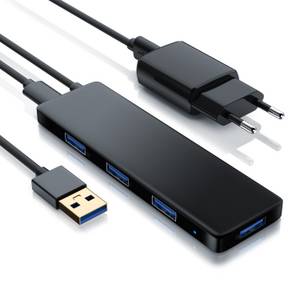 Primewire USB 3.2 Hub mit Netzteil, Ultra Slim 4-Port Verteiler, Datenhub für PC PS4 Notebook Netbook Laptop Ultrabook Tablet-PC MacBook, Bus-Powered 