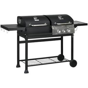 Outsunny Gasgrill Grillwagen mit 2+1 Brenner, Thermometer, 3kW BBQ Grill, Holzkohlgrill, Campinggrill, für Garten, Balkon, Schwarz 