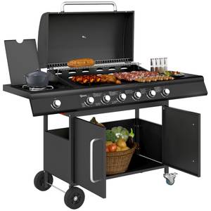Outsunny Gasgrill inkl Rolle, Seitenbrenner, Thermometer, Grillrost, 21,2 KW Gas-Grill, Grillwagen aus Edelstahl, für Balkon Camping 144,5 x 56 x 110cm 