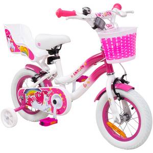 Actionbikes Motors Actionbikes Kinderfahrrad Unicorn 12 Zoll, Pink, Einhorn-Design, Puppensitz, Stützräder, Fahrradkorb 