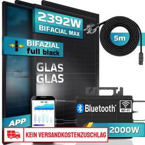SUNNIVA ® Balkonkraftwerk FULL ALL BLACK BIFACIAL 2392W/2000W Solaranlage mit 2000W Astro Energy Micro Wechselrichter Wifi Bluetooth, upgradebar drosselbar, 4x460W Bifaziale Solarmodule, 5m Kabel, PV 